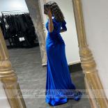 שמלות ערב סאטן בתולת ים כחולה באורך הרצפה צד מפוצל שרוול קצר צוואר V רוכסן שמלת מסיבה חרוזים vestido de noche