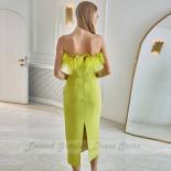 Yellow Jersey Evening Dresses Sleeveless Party Dress Feather Strapless Tea Length Beading Zipper Wedding Party Gowns ف