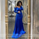 Blue Satin Evening Gowns For Women Mermaid Floor Length Off The Shoulder V Neck Elegant Party Dresses Full Sleeve Ruched
