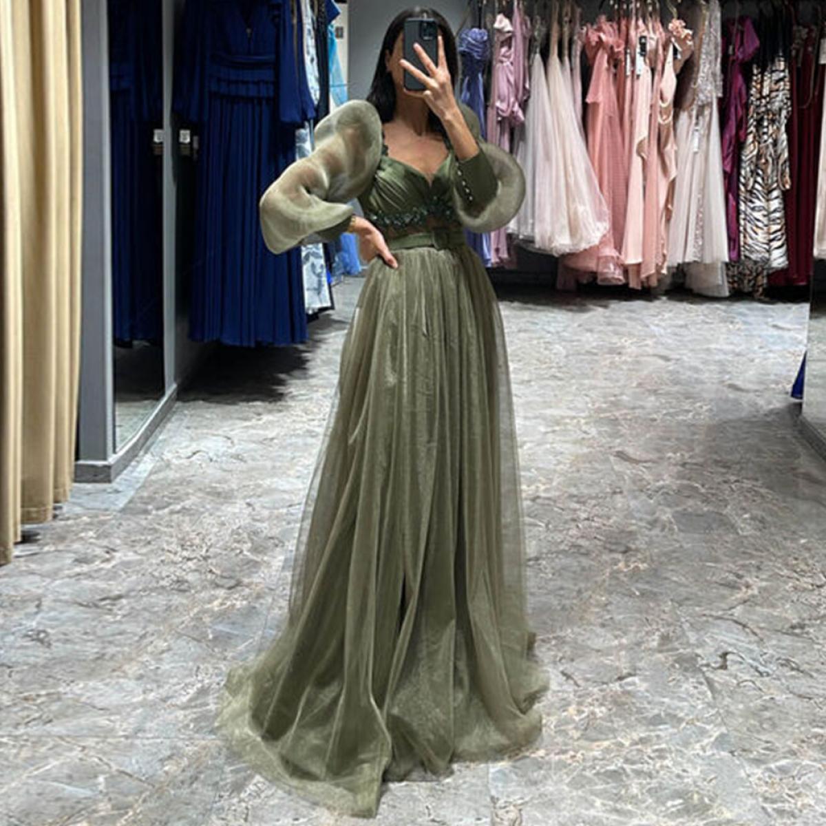 Green Tulle A Line Party Desses Puffy Full Sleeve Floor Length Sweetheart Elegant With Belt Evening Dresses Zipper Back 