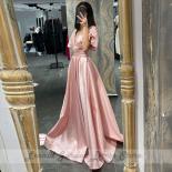 Blush Pink A Line Short Puffy Sleeve Evening Dresses Women 2023 New V Neck Floor Length Prom Gowns Simple Satin Zipper B