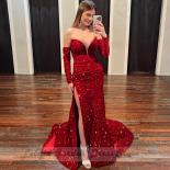 Red Sequined Mermaid Evening Dresses Women Floor Length Puffy Short Sleeve Side Split Prom Gowns Beading 2023 Vestido De