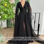 Black V Neck Chiffon Evening Dresses Long Sleeve Floor Length Appliques Beading Side Split Illusion A Line Eveing Gowns 