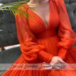 Orange Chiffon A Line Evening Gowns Floor Length Deep V Neck Puffy Full Sleeve Simple Elegant Zipper Back Wedding Guest 