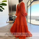Orange Chiffon A Line Evening Gowns Floor Length Deep V Neck Puffy Full Sleeve Simple Elegant Zipper Back Wedding Guest 