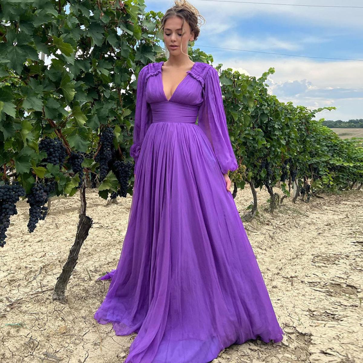 Purple Chiffon Party Dresses 2023 Deep V Neck Puffy Full Sleeve Elegant Wedding Guest Gowns A Line Floor Length Zipper B
