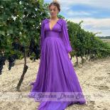 Purple Chiffon Party Dresses 2023 Deep V Neck Puffy Full Sleeve Elegant Wedding Guest Gowns A Line Floor Length Zipper B