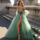 Green Tulle Deep V Neck Party Dresses Off The Shoulder Short Sleeve Bridal Gowns Floor Length High Side Split Elegant Ap