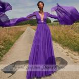 Purple Chiffon Evening Dresses Floor Length Puffy Full Sleeve Deep V Neck Evening Gowns Simple Custom Made 2023 Occasion