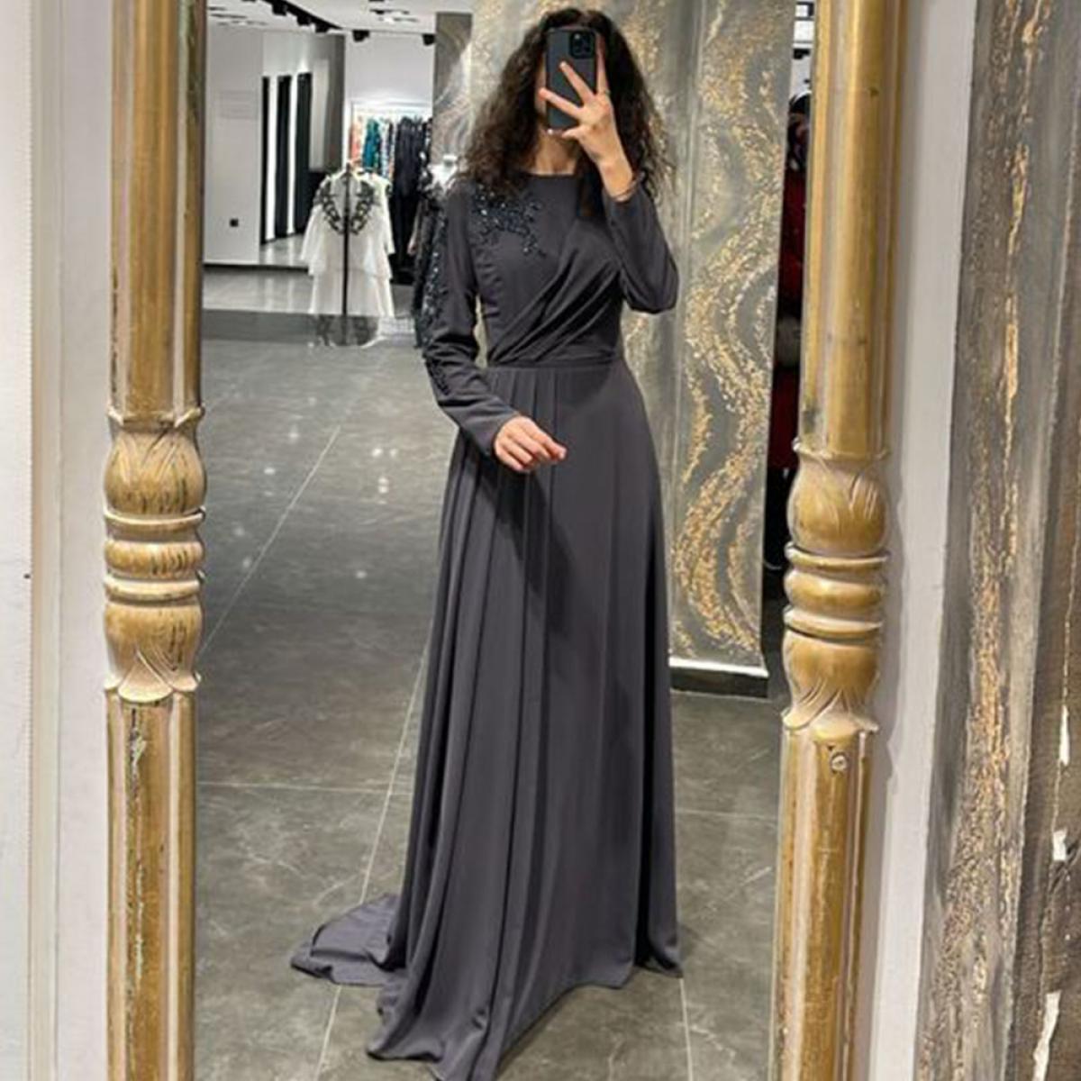 Elegant Evening Dresses For Women 2023 Jewel Neck Long Sleeves Appliques Beaded A Line Prom Gowns Custom Made فساتي