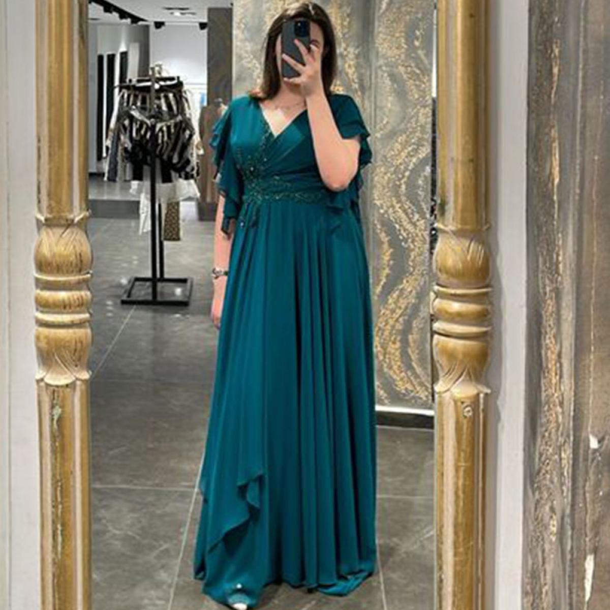 Green Elegant Party Dresses For Women 2023 Summer Floor Length Short Sleeve V Neck Wedding Guest Gowns Plus Size Chiffon