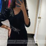 Black  Mermaid Wedding Dresses 2023 Women Tea Length Full Sleeve V Neck Beading Velour Wedding Guest Gowns Custom Made