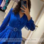 Blue Aline Party Dresses Puffy Sleeve Floor Length With Belt Deep V Neck Chiffon Illusion Wedding Party Gowns فساتي