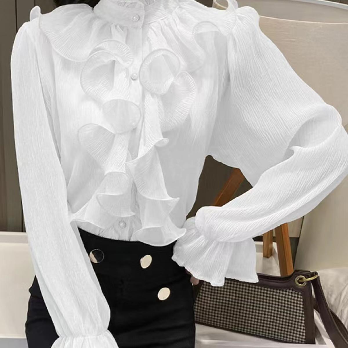Blusa de encaje elegante con costuras y volantes para mujer, camisa de gasa con botones y cuello levantado, Top holgado de manga