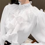 Blusa de encaje elegante con costuras y volantes para mujer, camisa de gasa con botones y cuello levantado, Top holgado de manga
