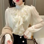 2023 autunno volant cuciture elegante camicetta di pizzo donna colletto alla coreana camicia in chiffon a maniche lunghe moda al