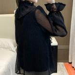 2023 Autumn  Ruffles Stitching Elegant Lace Blouse Woman Stand Collar Button Chiffon Shirt Long Sleeve Fashion Loose Top