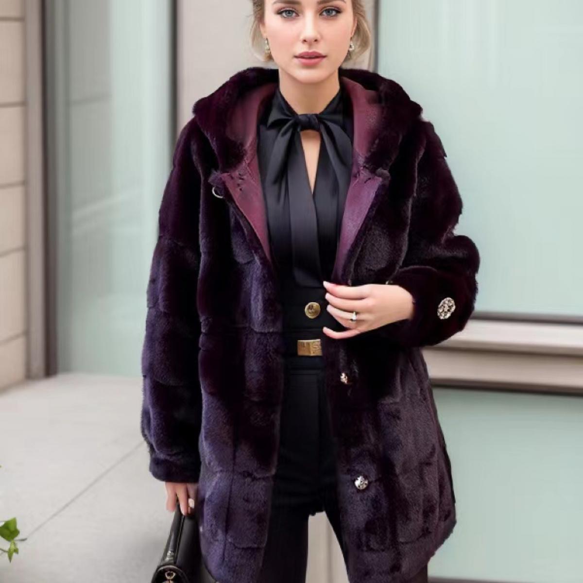 Abrigo de piel de visón para mujer, abrigo de piel sintética de longitud media con capucha y diamantes de imitación, cintura ade