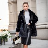 2023 Winter New Mink Fur Coat Women's Imitation Fur Mid Length Hooded Rhinestone Slimming Waist Fashion Coat Female Blac
