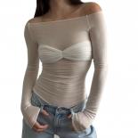 2023 Summer Mesh Offshoulder Top Shirt For Women  White Long Sleeve See Through T Shirts Female Casual Slim Black Tshirt