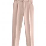 2023 New Autumn Women Fashion With Belt Side Pockets Office Wear Pants Vintage High Waist Zipper Fly Female Ankle Trouse