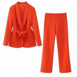 2023 Autumn Women V Neck With Belt Blazer Coat And Pants 2 Piece Set Chic Long Sleeve Pockets Jacket Trousers Suits Soli