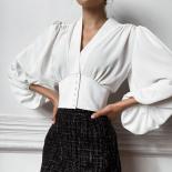 Autumn Fashion Woman Blouse 2023 Elegant V Neck White Lantern Sleeve Shirt Top Female  Solid Tunic Button Chic Casual Sh