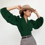Autumn Fashion Woman Blouse 2023 Elegant V Neck White Lantern Sleeve Shirt Top Female  Solid Tunic Button Chic Casual Sh