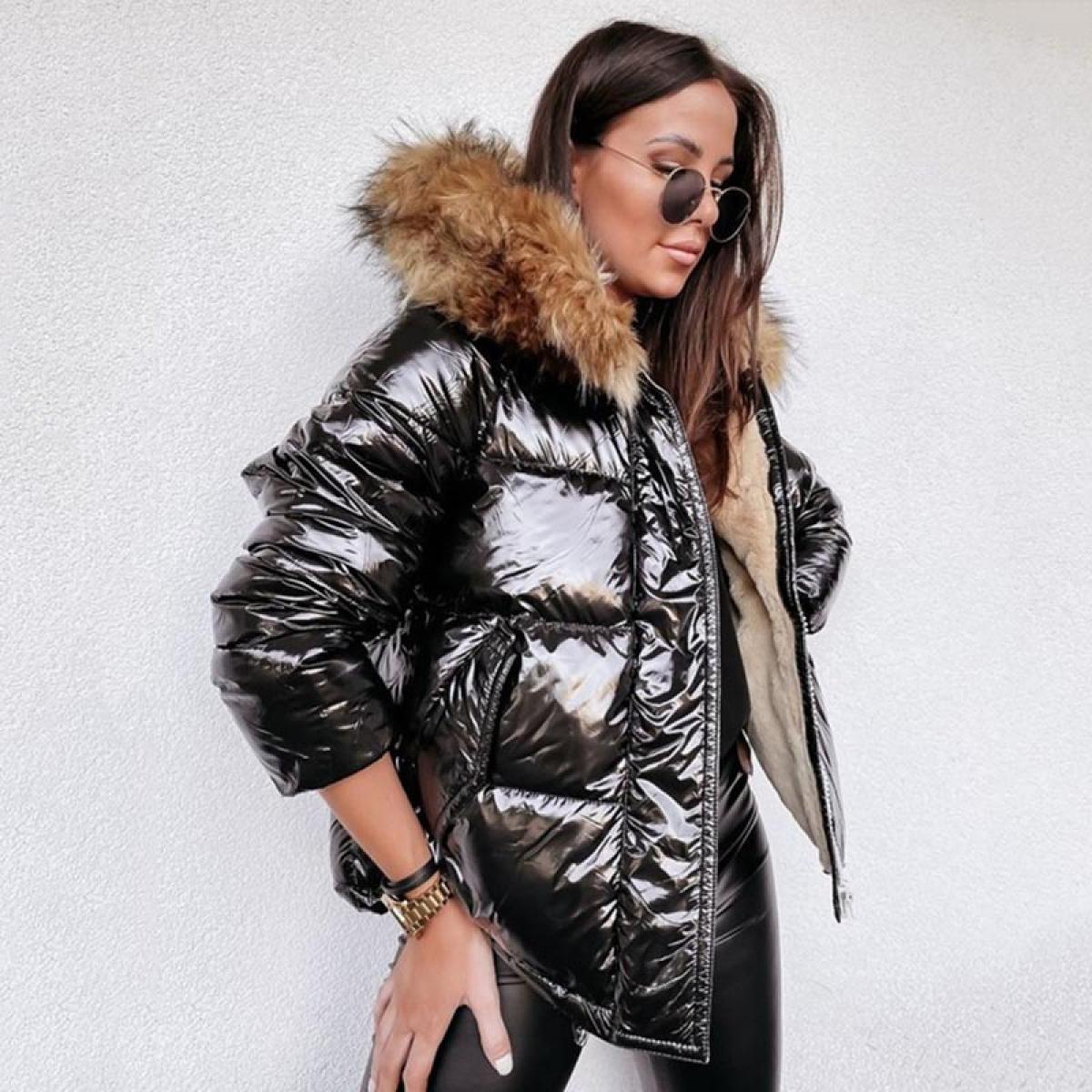 66 39 Veste ample de luxe en Pu brillant pour femme parka a capuche avec col en fourrure manteaux en velours epais et chaud en coton Description