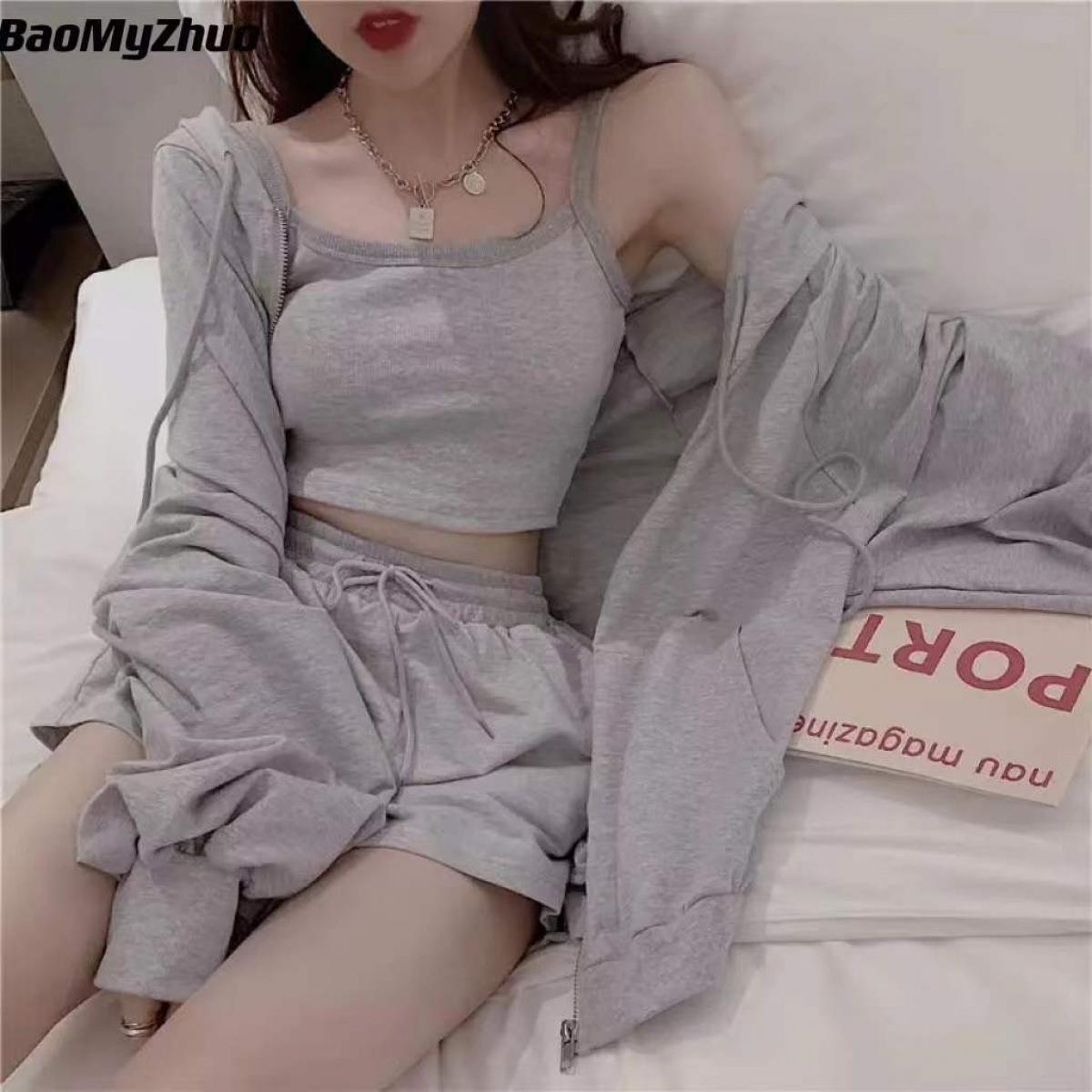 Spring Three 3 Piece Sets Women Tracksuit Oversized Suit 2022 Summer Shorts Suit Female Solid Sports Hoodie Sportswear S