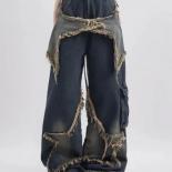 Women Blue Jeans Contrasting Colors High Waist  Street Wide Leg Pants Fashion Hip Hop Vintage Straight Autumn Trousers