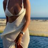 2022 New Crochet Beach Maxi Dress For Women See Through  Bikini Plunge Backless Bandage Sleeveless Lacing Split Long Dre