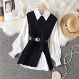 Spring Two 2 Piece Knitted Vest Set Women Long Sleeve Shirt 2022 Solid Vintage Sleeveless College Style Waistband Sweate