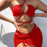 2022 New 3 Pieces Set Swimsuit Women High Waist Swimwear  Lace Up Micro Bikini Set With Skirt Solid Beachwear Bathing Su
