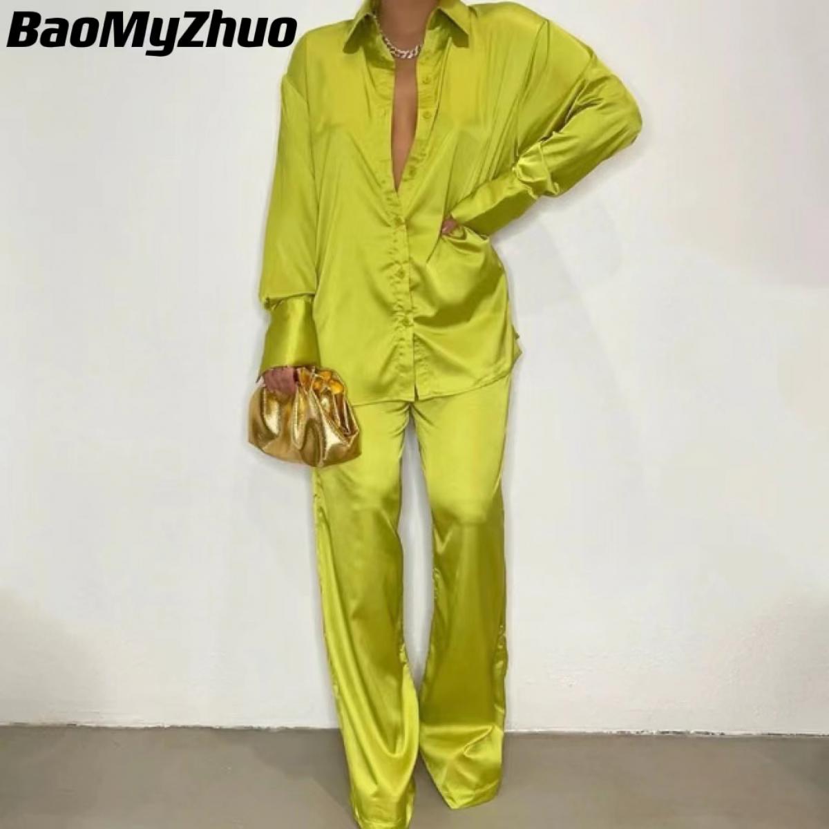 2022 Elegant Satin Women's Matching Sets Casual Long Sleeve Shirt Straight Pants Suit Female Loose Solid Tops Two Pieces