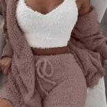 Autumn Winter 3 Piece Fluffy Outfits Plush  Backless Fleece Pyjamas Women Casual Sports Sweatshirt Home Wear Sets Tracks