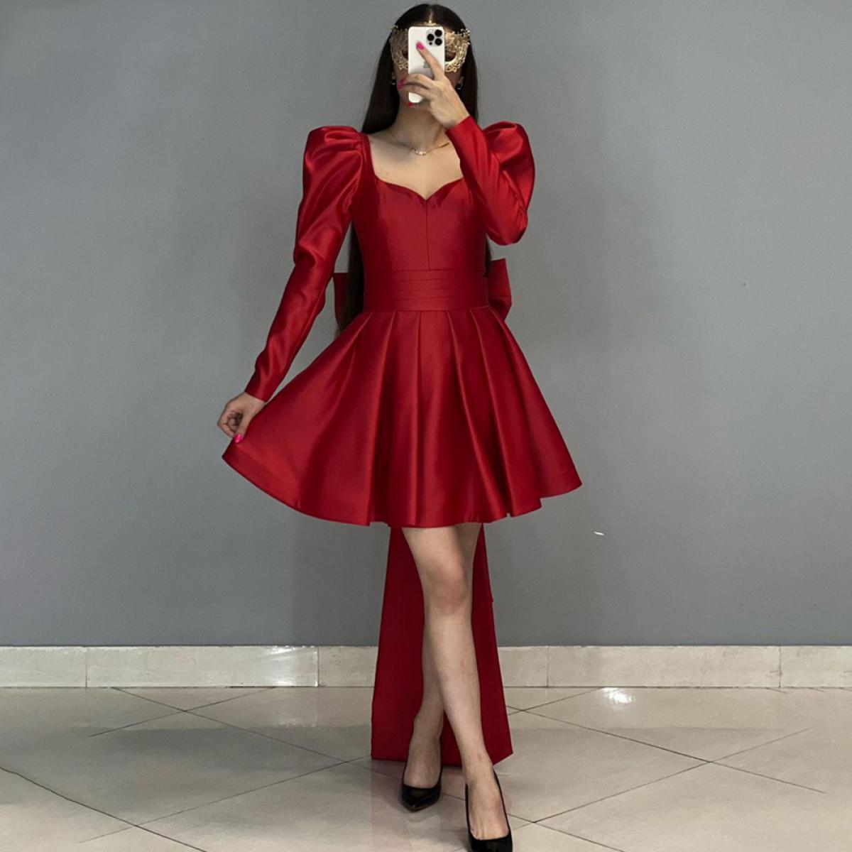 Burgundy A Line Evening Gowns 2023 Women Full Sleeve Sweetheart Knee Length Party Dresses Bow Back Elegant Vestido De No