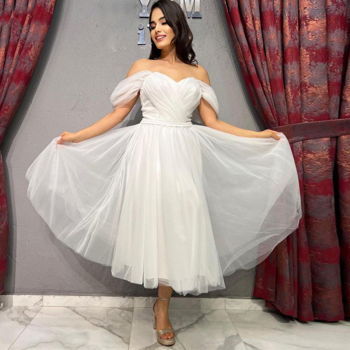 Ivory Off Shoulder Wedding Dresses 2023 Simple A Line Tea Length Sweetheart Bridal Gowns Open Back Custom Vestido De Noc