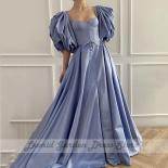 Blue A Line Evening Dresses For Women Floor Length Satin Puffy Short Sleeve Wedding Guest Gowns Bow Belt Custom Vestido 
