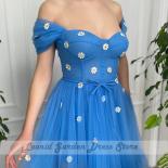 Blue Midi Prom Dresses 2023 Summer Sweetheart With Bow Belt Off  The  Shoulder A Line Flowers Wedding Guest Gowns Open B