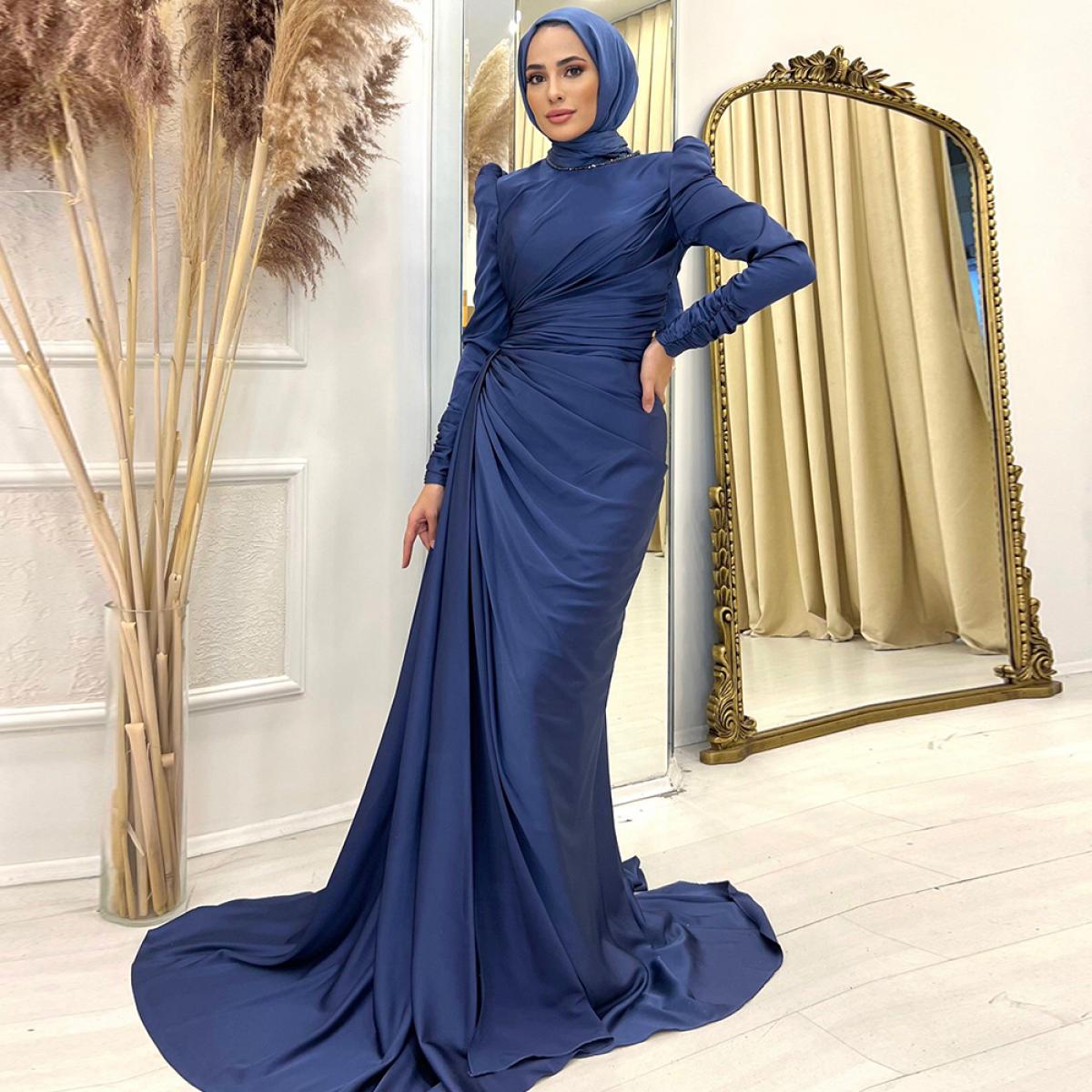 Blue Satin O Neck Muslim Evening Dresses 2022 Women Moroccan Caftan Floor Length Mermaid Full Sleeve Beading Robe De Soi