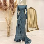 Blue Satin O Neck Muslim Evening Dresses 2022 Women Moroccan Caftan Floor Length Mermaid Full Sleeve Beading Robe De Soi