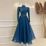 Blue High Neck Moroccan Caftan Full Sleeve Tea Length Chiffon Elegant Muslim Party Dress Beaing Formal Party Gowns Robe 