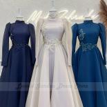Blue High Neck Moroccan Caftan Full Sleeve Tea Length Chiffon Elegant Muslim Party Dress Beaing Formal Party Gowns Robe 