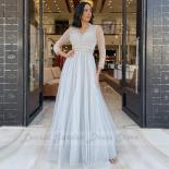 Tulle A Line Prom Dresses Floor Length V Neck 2022 Evening Dresses For Women Elegant Three Quarter Sleeves Beading  فس