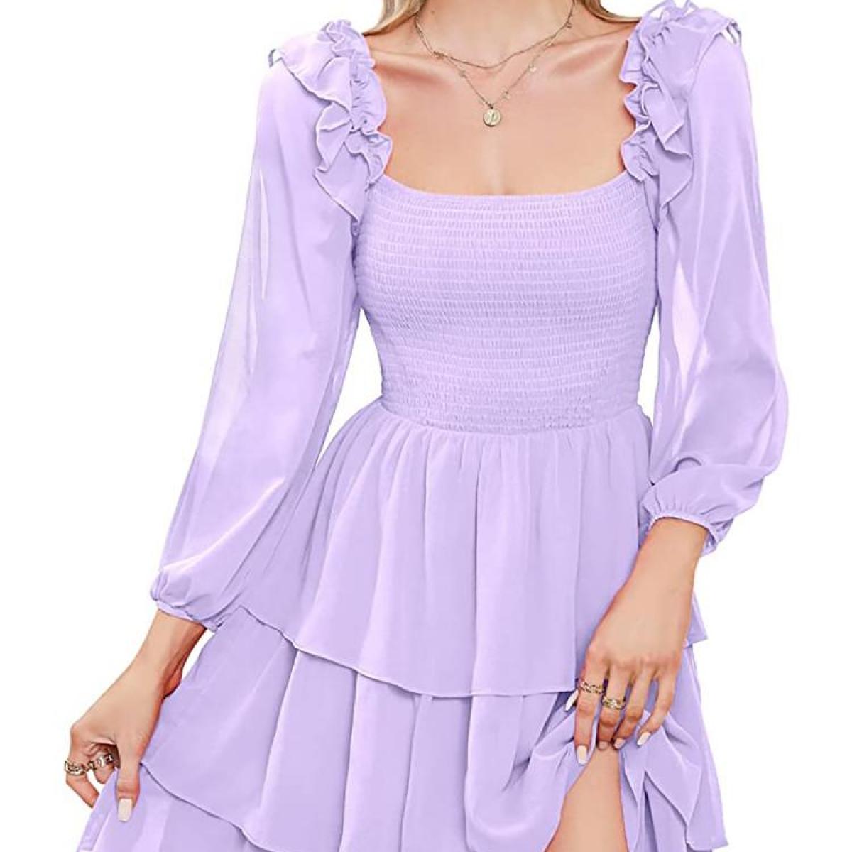Women Summer Solid Short Mini Dress Elegant Casual Fashion Office Lady Pullover Bodycon Slim Square Collar Long Sleeve D
