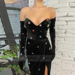  Black Mermaid Evening Dresses 2022 Floor Length Velour Side Split Prom Dress With Gloves Celebrtiy Gowns Robe De Soiré