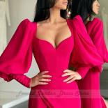 Pink Mermaid Chiffon Evening Dresses For Women Elegant 2022 Floor Length Side Split Puffy Long Sleeve V Neck Robe De Soi
