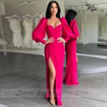 Pink Mermaid Chiffon Evening Dresses For Women Elegant 2022 Floor Length Side Split Puffy Long Sleeve V Neck Robe De Soi