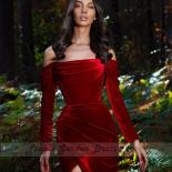 Red Off Shoulder Velour Evening Dresses For Women 2022 Floor Length  Side Split Boat Neck Formal Party Gowns فستان 